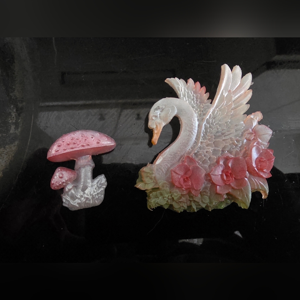 Lot Of 2 Resin Handmade Brooches, Swan & Mushroom